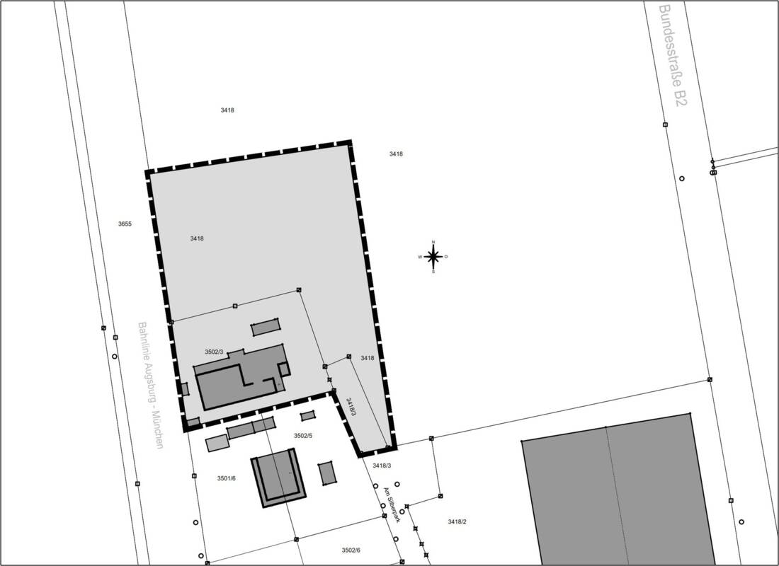 Umgriff des Bebauungsplanes „Sonder- / Gewerbegebiet Am Silberpark“ einschließlich der Teilaufhebung des Bebauungsplanes Nr. 17 „Gewerbegebiet Nord“ für das Grundstück Flur Nr. 3502/3 (ohne Maßstab)